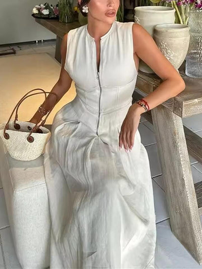 Selene – Pleated Zip-Front Midi Dress