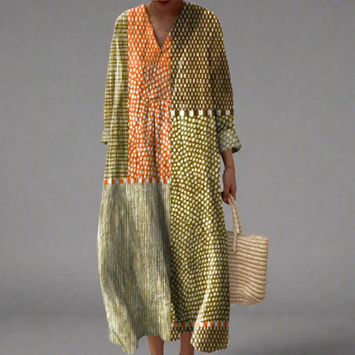 Vivienne – Earthy Patchwork Polka Dot Midi Dress