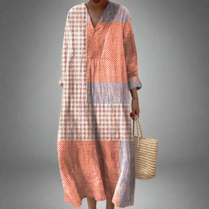 Lora – Patchwork Midi Dress with Coral and Star Pattern