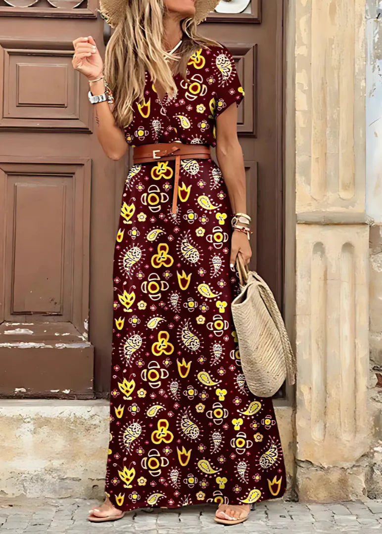 Amory – Elegant Long Dress with Paisley Prints and Belt