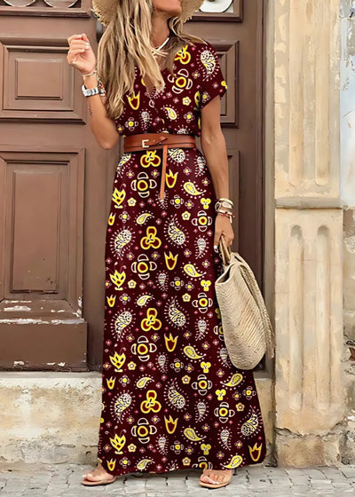 Amory – Elegant Long Dress with Paisley Prints and Belt