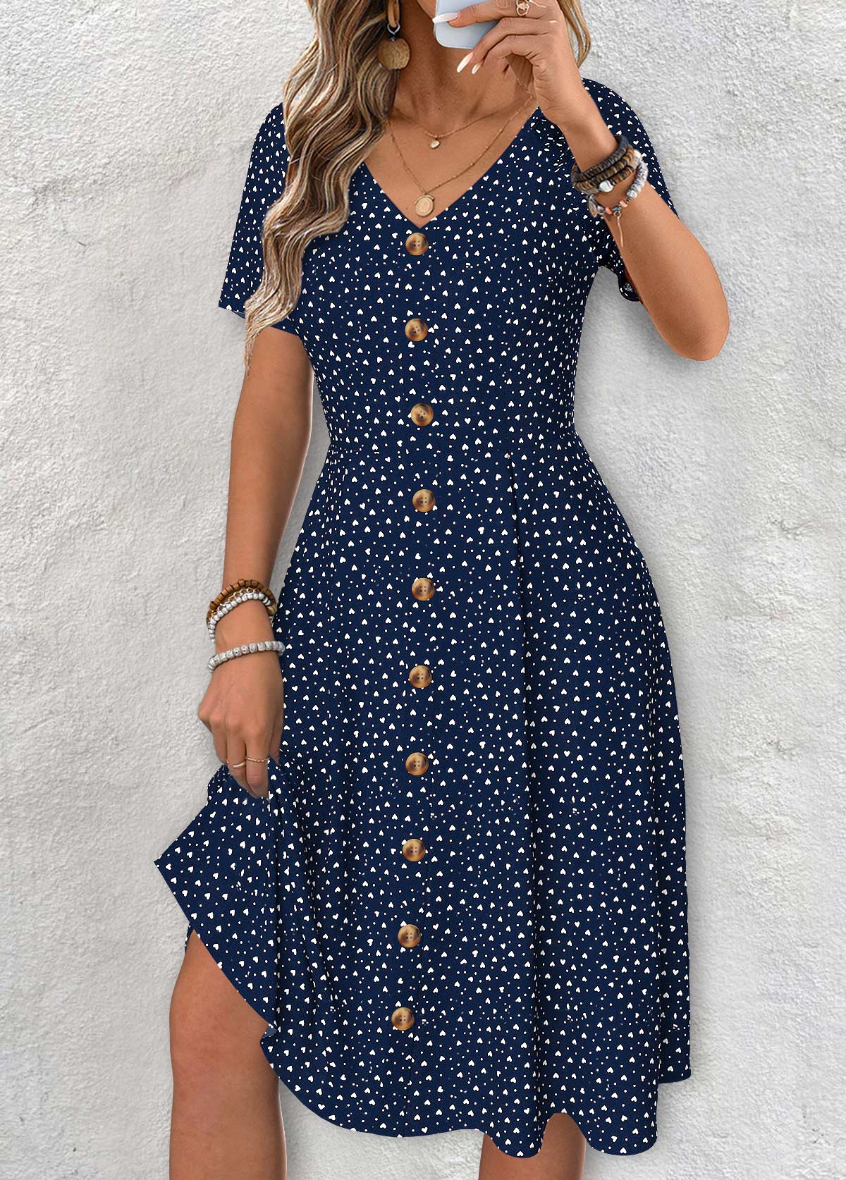 Claire – Navy Polka Dot V Neck Dress