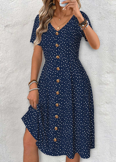 Claire – Navy Polka Dot V Neck Dress