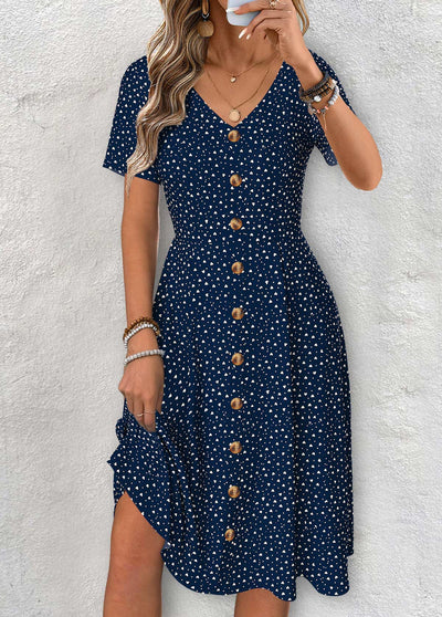 Claire – Navy Polka Dot V Neck Dress