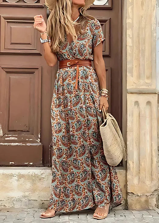 Amory – Elegant Long Dress with Paisley Prints and Belt